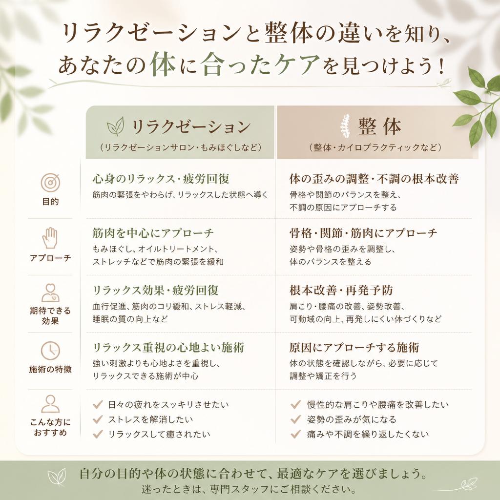 リラクゼーションと整体の違いを知り、あなたの体に合ったケアを見つけよう！
