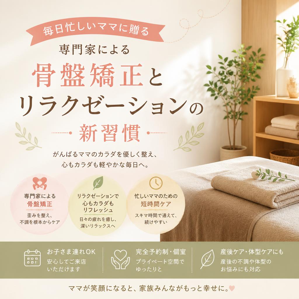 毎日忙しいママに贈る、専門家による骨盤矯正とリラクゼーションの新習慣